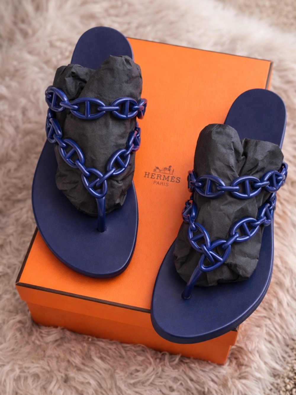 Authentic Used worn twice Hermes Royal Blue Chain-Detail Leather Thong Sandals
